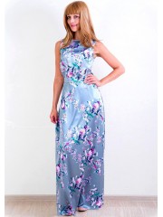 00143 Платье из атласа серо-голубое с цветочным принтом РАСПРОДАЖА