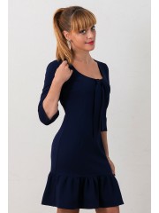 00524 Платье из фактурного трикотажа с воланом синее
